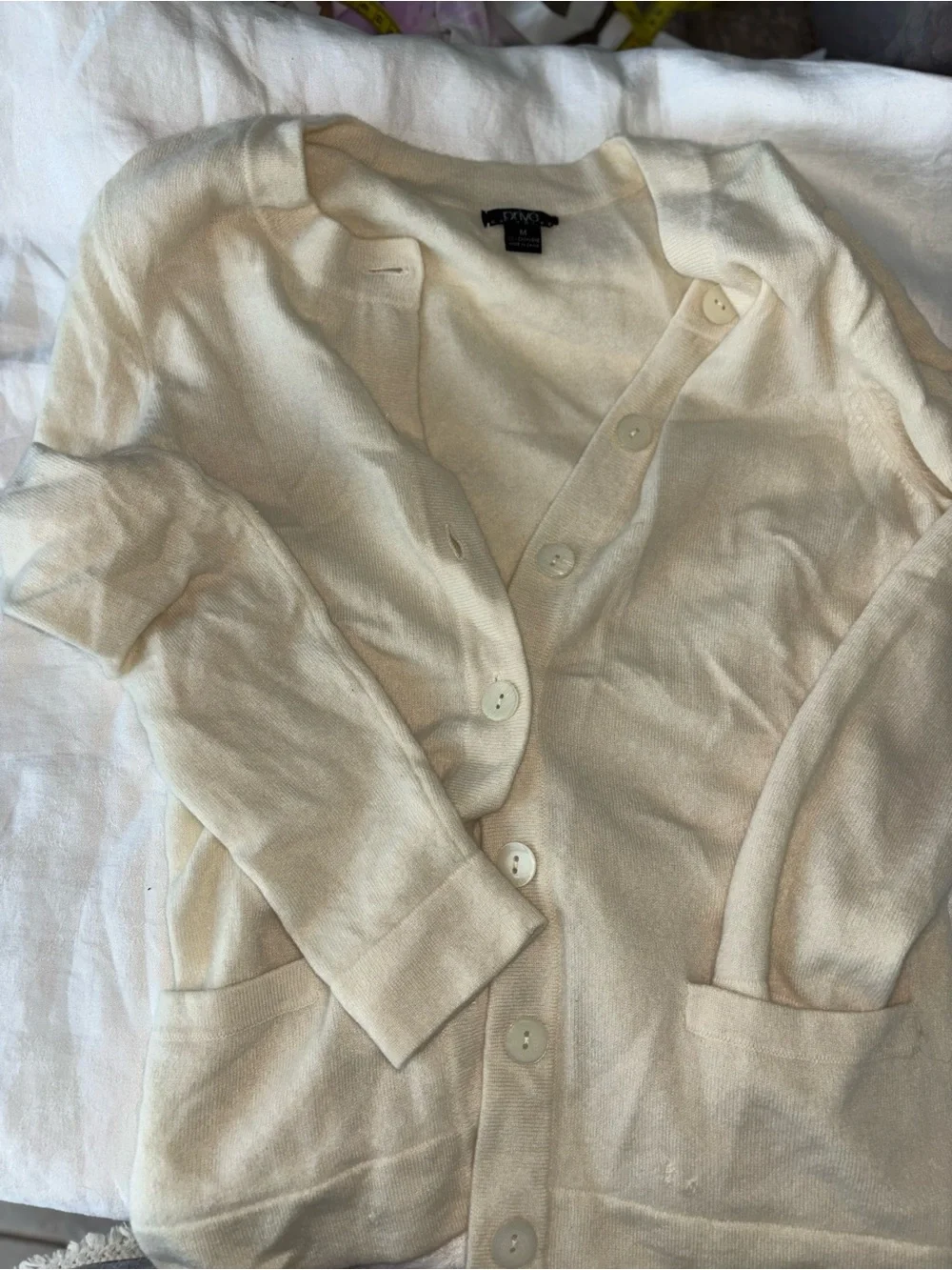 Privé Cashmere Cardigan Sweater Women M Ivory Cream 100% Wool Button Pocket